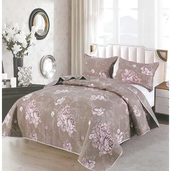 Přehoz na lůžko Bavlněný přehoz přes postel na dvojlůžko s 2 povlaky na polštáře - Hnědé růže