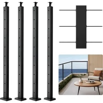 VEVOR Sloupek zábradlí pro kabely, sada 4 kusů, horizontální otvor pro terasu 36x2x2 palce s předvrtanými otvory, nerezový sloupek zábradlí pro kabely s horizontálním a zakřiveným držákem, černý, 4JZLGZXHS914MY65M001V0