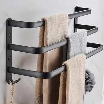 Držák na ručník Černá tyč s háčky na lepidlo Arhatreya