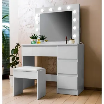 Toaletní stolek Aga Toaletní stolek se zrcadlem, osvětlením a el.zásuvkou + taburet Lesklý bílý