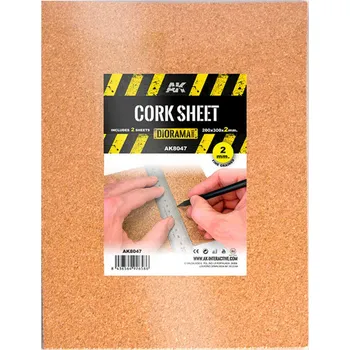 AK Interactive CORK SHEETS - FINE GRAINED / LAMINAS CORCHO - GRANO FINO - 200 x 300 x 2mm (2 SHEETS/LAMINAS)
