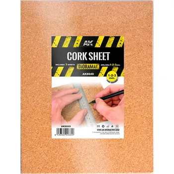 AK Interactive CORK SHEETS - FINE GRAINED / LAMINAS CORCHO - GRANO FINO - 200 x 300 x 1-2-3mm (3 SHEETS/LAMINAS))
