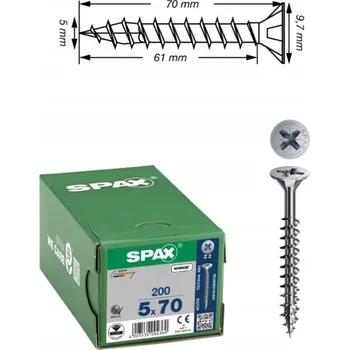 Vrut SPAX vruty 5x70mm Pz zápustná hlava, plný závit, pozink