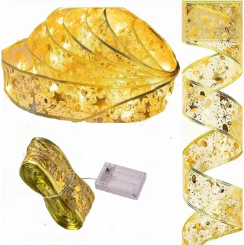 Vánoční dekorace VÁNOČNÍ STUHA NA STROMEČEK OZDOBNÁ ZLATÁ PÁSKA NA BATERIE 100 LED 10m