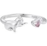 For Silver Stříbrný otevřený prsten s kočkou a růžovým srdcem – Stříbro 925