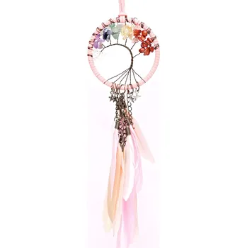 Lapač snů Magieprirody.cz Lapač snů – strom života, minerály a růžová pírka – cca 40 cm #ZB306