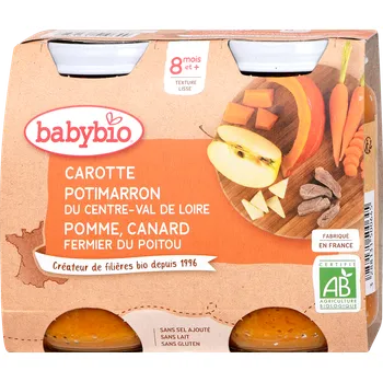 babybio bio příkrm dýně, mrkev a jablko s kachním masem 2x200 g