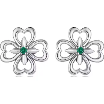 Náušnice For Silver Stříbrné puzetové náušnice ve tvaru čtyřlístku se zeleným zirkonem - Stříbro 925