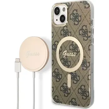 Pouzdro na mobilní telefon GUESS 4G MagSafe Kompatibilní Zadní Kryt + Bezdrátová Nabíječka pro Apple iPhone 14 Plus hnědá (3666339102906)