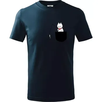 Chlapecké tričko Kočka s rybou v kapse - Tričko dětské bavlněné - 134 cm/8 let ( Námořní modrá (velmi tmavá - téměř černá) )