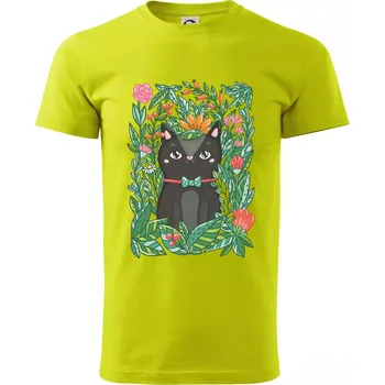 Kočka s květy malovaná - Klasické pánské triko vyšší gramáže - S ( Limetková )
