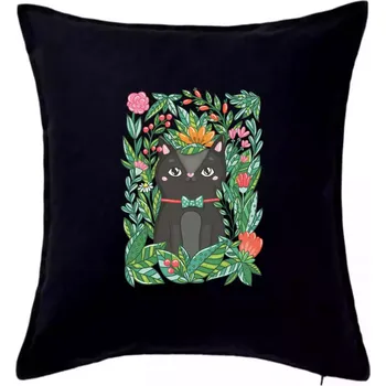 Polštář Kočka s květy malovaná - Polštář 50x50 - 50x50 - Pouze potah ( Černá )