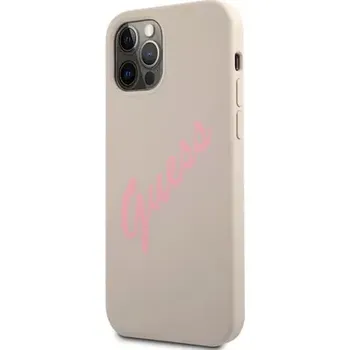 Pouzdro na mobilní telefon GUESS Silicone Vintage růžová Script Zadní Kryt pro Apple iPhone 12 12 Pro šedá (3700740495254)