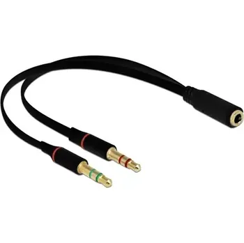 Audio kabel Delock Náhlavní adaptér 1 x 3.5 mm 4 pin Stereo jack (F) na 2 x 3.5 mm 3 pin Stereo jack (M) 0.2m černá (65967)
