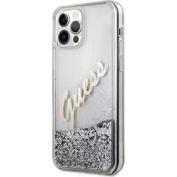 Pouzdro na mobilní telefon GUESS Liquid Glitter Vintage Zadní Kryt pro Apple iPhone 12 Pro Max stříbrná (3700740495353)