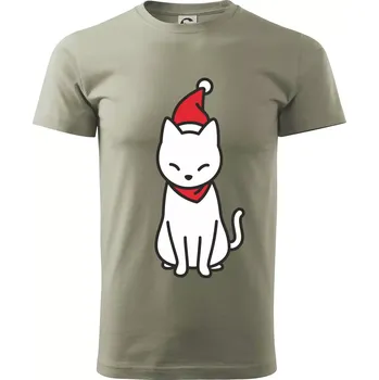 Pánské tričko Vánoční kočka sedící - Klasické pánské triko vyšší gramáže - L ( Light khaki )