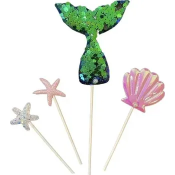 Jedlá dekorace na dort Dortisimo Zápich do dortu Ocas mořské panny zelený s mušlí a hvězdicemi (4 ks)