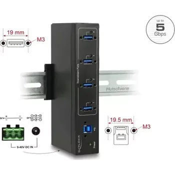 USB hub DeLock Externí průmyslový hub 1x USB 3.0 B (F) - 4x USB 3.0 A (F) černá (63309)