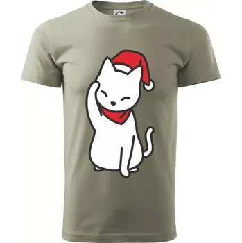 Pánské tričko Vánoční kočka mávající - Klasické pánské triko vyšší gramáže - 4XL ( Light khaki )
