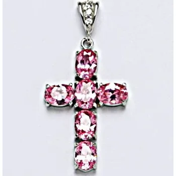 Přívěsek Zlatý přívěšek křížek, bílé i žluté zlato, pink zirkony - P 1238 (Zlatý křížek se zirkony)