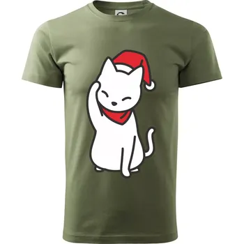Pánské tričko Vánoční kočka mávající - Klasické pánské triko vyšší gramáže - M ( Khaki )