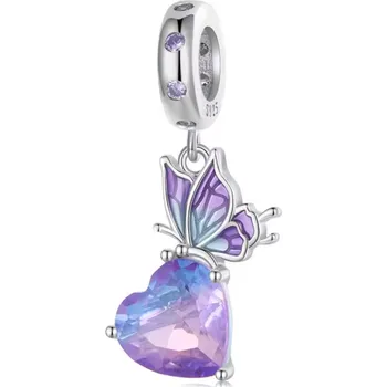 Přívěsek For Silver Stříbrný přívěsek s fialovým skleněným srdcem a motýlem – Stříbro 925