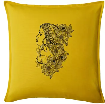 Polštář Žena a kočka - kreslená - Polštář 50x50 - 50x50 - Pouze potah ( Žlutá )