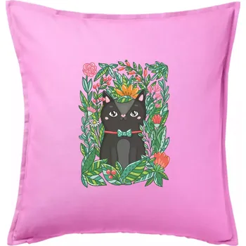 Polštář Kočka s květy malovaná - Polštář 50x50 - 50x50 - Pouze potah ( Růžová )