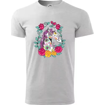 Pánské tričko Kůň barevný s květinami - Triko extra velké (5-8XL) - 7XL ( Světlešedý Melír )