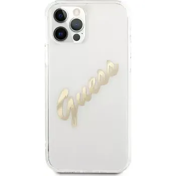 Pouzdro na mobilní telefon GUESS PU Vintage Script Gold Logo Zadní Kryt pro Apple iPhone 12 Pro Max transparentní (3666339004408)