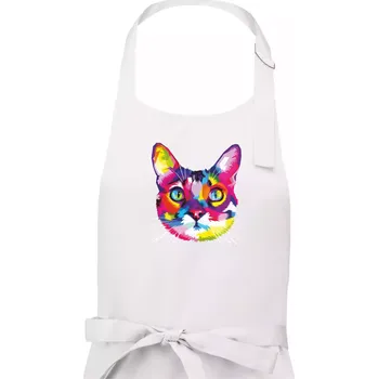 Kuchyňská zástěra Kočka duhová hlava - Dámská zástěra na vaření - Univerzální velikost ( Bílá )