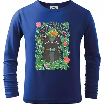 Chlapecké tričko Kočka s květy malovaná - Triko dětské Long Sleeve - 122 cm/6 let ( Královská modrá )
