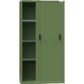 Dílenská skříň, v x š x h: 1950 x 1044 x 405 mm, dveře - dvoukřídlé posuvné, 3 x police 100 kg, barva zelená RAL6011