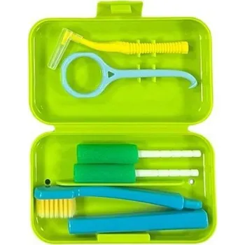 Dentální hygiena Zelená sada ortodontických pomůcek Kartáček na rovnátka Mezizubní kartáček Škrabka na jazyk Voskový proužek Háček Pomůcky na rovnátka