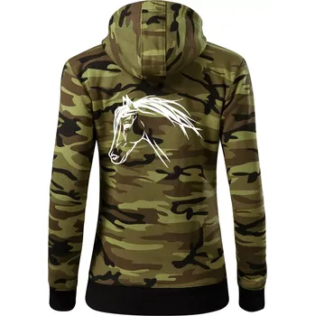 Dámská mikina Kůň - hlava celá - Dámská mikina trendy zipper s kapucí - XS ( Zelený maskáč )