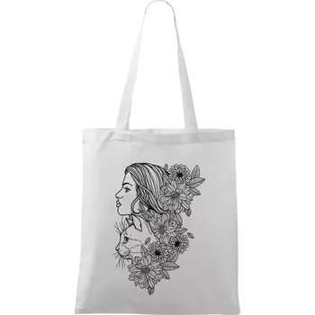 Nákupní taška Žena a kočka - kreslená - Taška bavlněná - 42 x 38 cm ( Bílá )