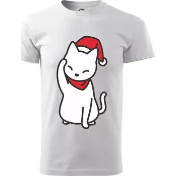 Pánské tričko Vánoční kočka mávající - Klasické pánské triko vyšší gramáže - XS ( Bílá )