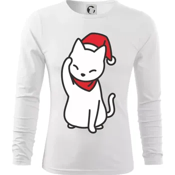 Pánské tričko Vánoční kočka mávající - Triko s dlouhým rukávem FIT-T long sleeve - S ( Bílá )