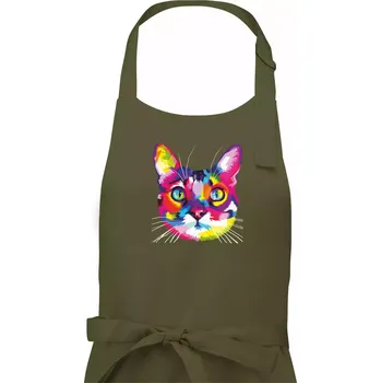 Kuchyňská zástěra Kočka duhová hlava - Dámská zástěra na vaření - Univerzální velikost ( Khaki )