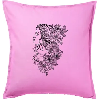 Polštář Žena a kočka - kreslená - Polštář 50x50 - 50x50 - Pouze potah ( Růžová )