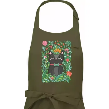 Kuchyňská zástěra Kočka s květy malovaná - Pánská zástěra na vaření - Univerzální velikost ( Khaki )