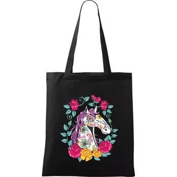 Nákupní taška Kůň barevný s květinami - Taška bavlněná - 42 x 38 cm ( Černá )