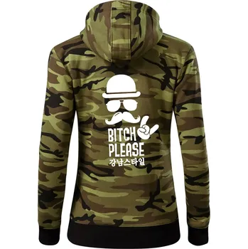 Dámská mikina Bitch please! Mustache - Dámská mikina trendy zipper s kapucí - S ( Zelený maskáč )