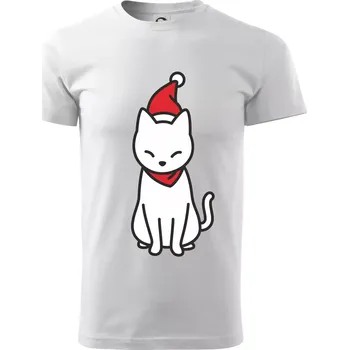 Pánské tričko Vánoční kočka sedící - Klasické pánské triko vyšší gramáže - XS ( Bílá )