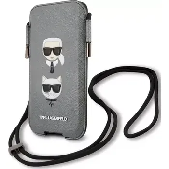 Pouzdro na mobilní telefon Karl Lagerfeld and Choupette Head Saffiano PU Pouch L šedá (3666339030780)