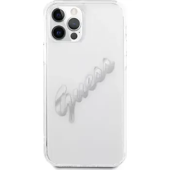 Pouzdro na mobilní telefon GUESS PU Vintage Script Silver Logo Zadní Kryt pro Apple iPhone 12 12 Pro transparentní (3666339004361)