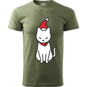 Pánské tričko Vánoční kočka sedící - Klasické pánské triko vyšší gramáže - XS ( Khaki )