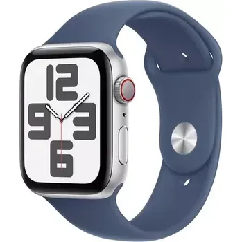 Chytré hodinky Apple Watch SE (2024) GPS + Cellular 44mm Stříbrné hliníkové tělo - Denimový sportovní řemínek S/M (MXGP3QC/A)