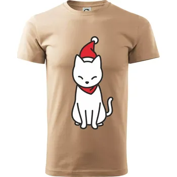 Pánské tričko Vánoční kočka sedící - Klasické pánské triko vyšší gramáže - 2XL ( Písková )
