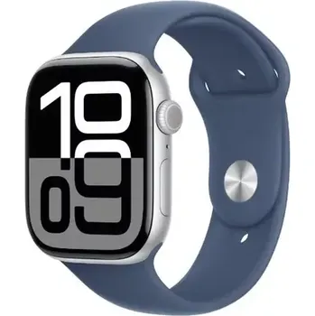 Chytré hodinky Apple Watch Series 10 GPS+Cellular 42mm Stříbrné hliníkové tělo - Denimový sportovní řemínek (S/M) (MWX33QC/A)